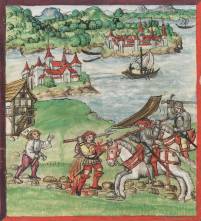 Albrecht von Landenberg ersticht am Bodensee einen Söldner, der ihn angebettelt und geschmäht hat. Im Hintergrund die Stadt Konstanz und die Insel Reichenau (1509)