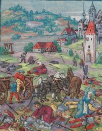 Im Schwabenkrieg (1499): Frauen und Priester suchen vor Konstanz nach toten und verwundeten Angehörigen. Auf dem Schlachtfeld im Vordergrund steht der heutige Stadtteil Stadelhofen, im Hintergrund das weiße Schnetztor.